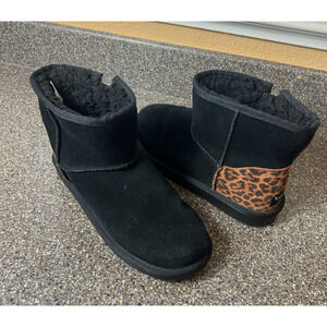 Koolaburra by UGG Women 6.5 Suede Boots Black/Cheetah Print Ankle Bootie Pull On